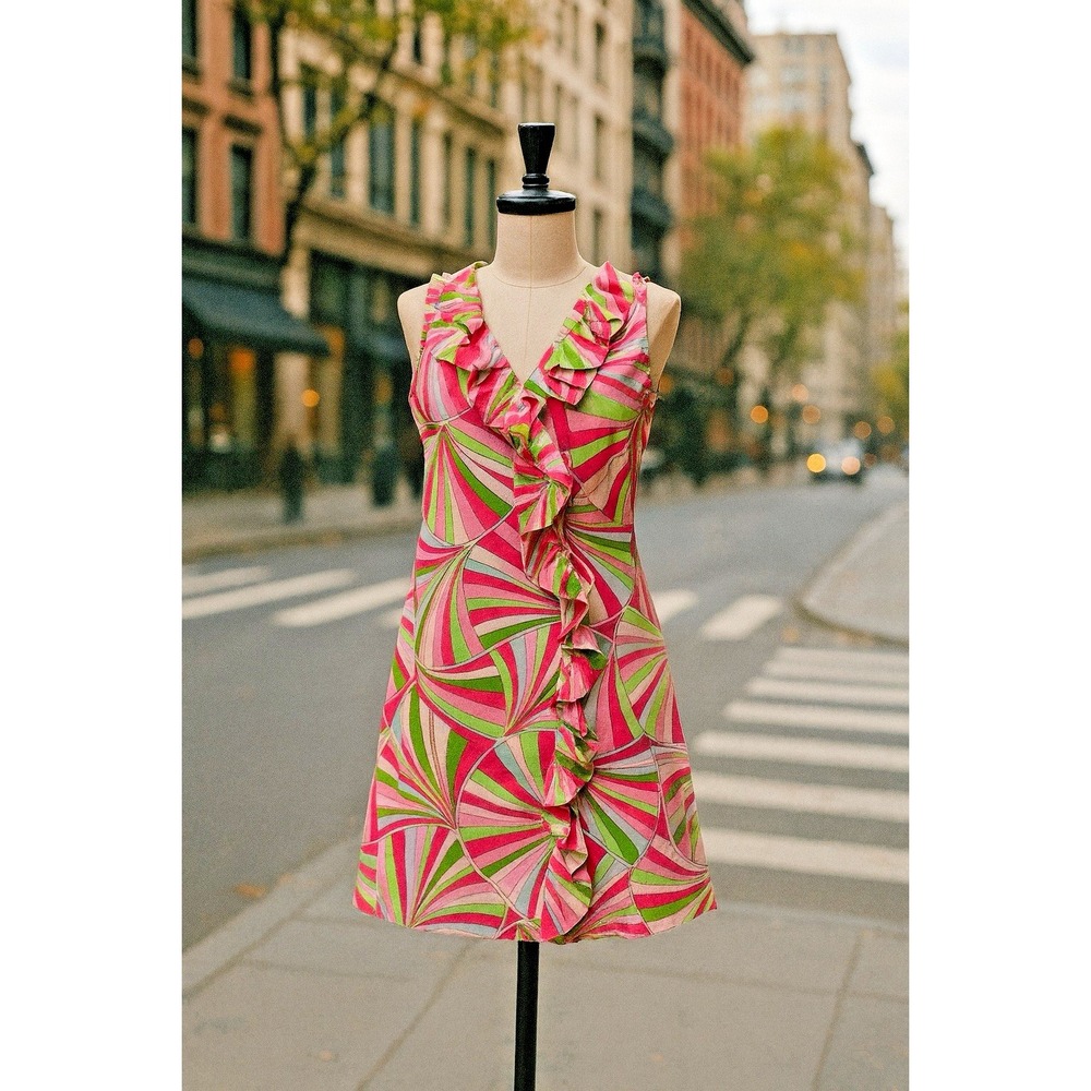 Melly M Pink Psychedelic Print Dress Womens 4 Ruffle Sleeveless Cotton Retro NWT